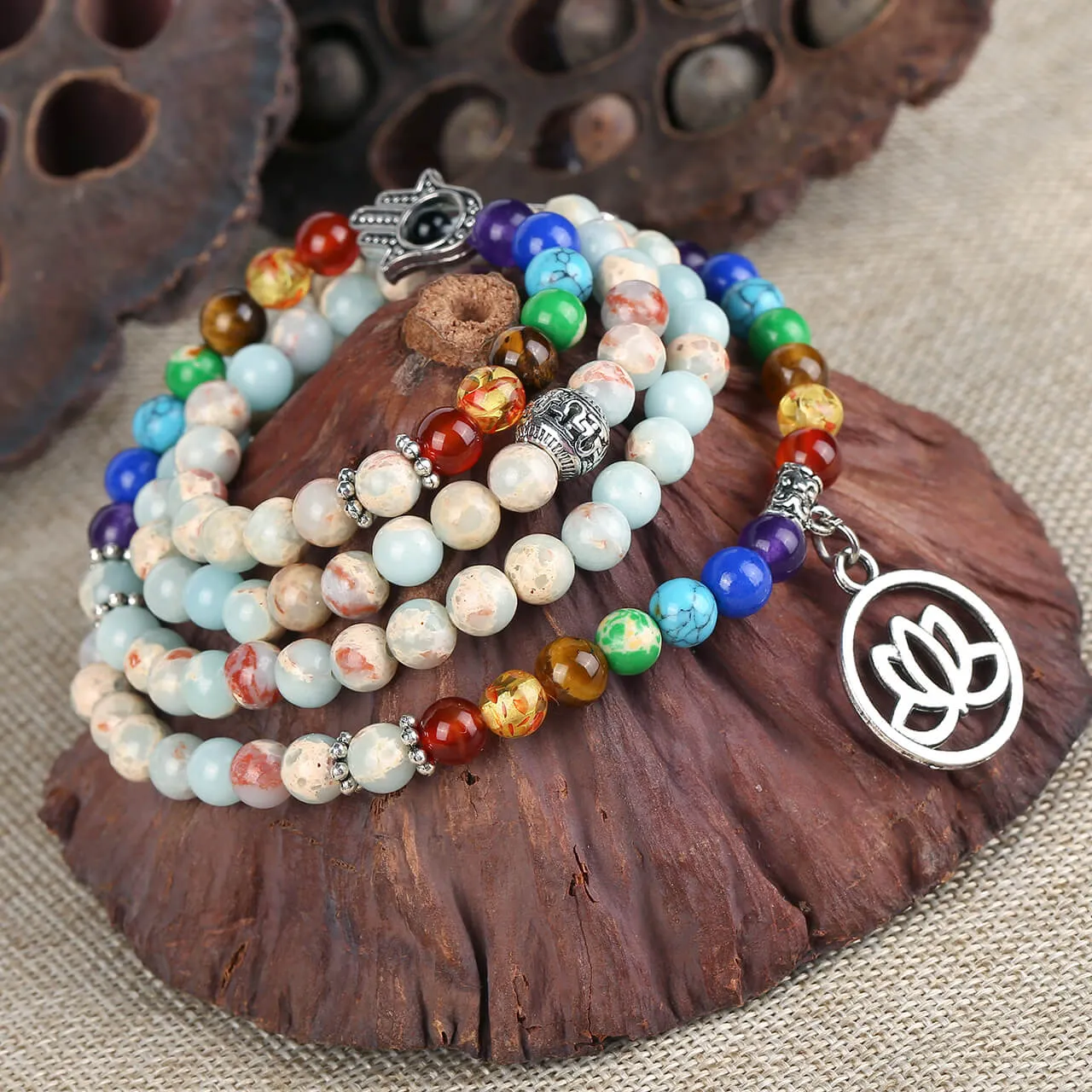 108 Mala Beads Bracelet Lotus Charm Necklace | Jovivi