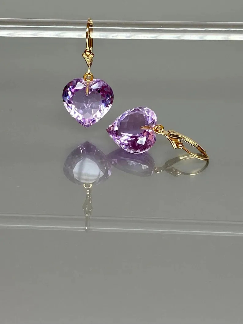 14K Gold Kunzite Stone Purple Heart Earrings