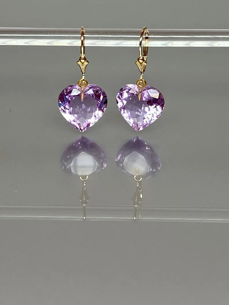 14K Gold Kunzite Stone Purple Heart Earrings