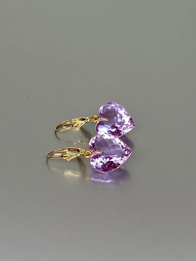 14K Gold Kunzite Stone Purple Heart Earrings