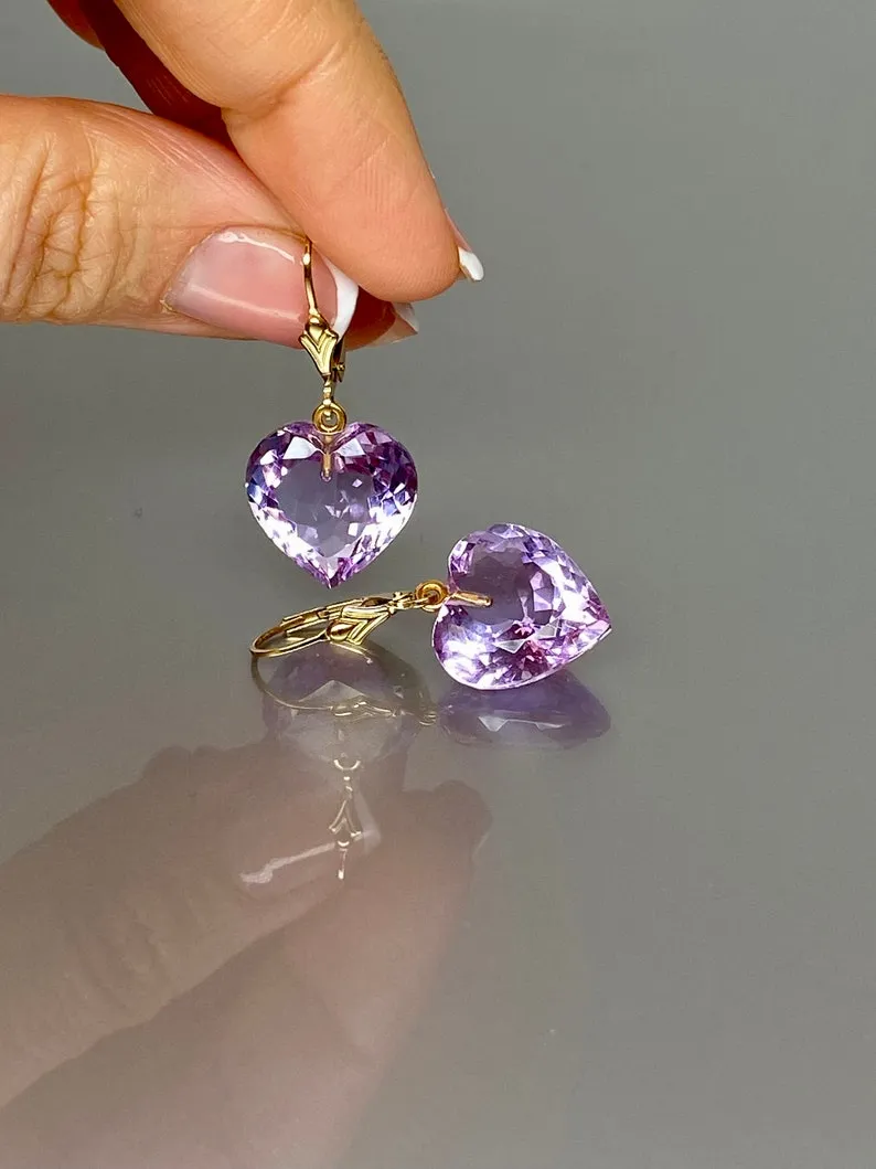 14K Gold Kunzite Stone Purple Heart Earrings