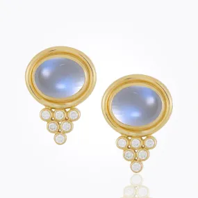 18K Classic Oval Pyramid Earrings with cabochon royal blue moonstone and diamond - 10X8mm