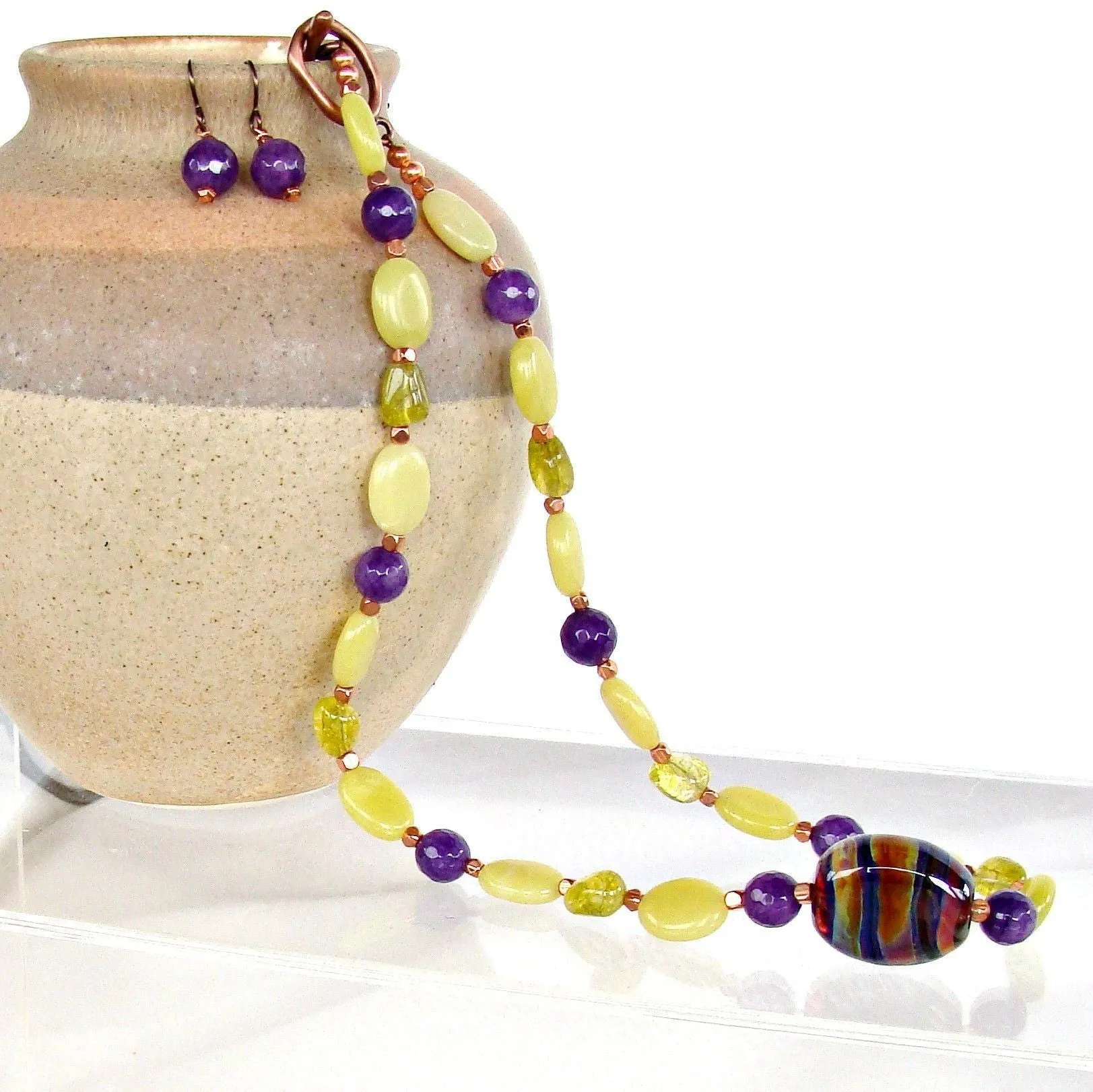 20" Purple and Lime Hand Blown Glass Bead Necklace Set