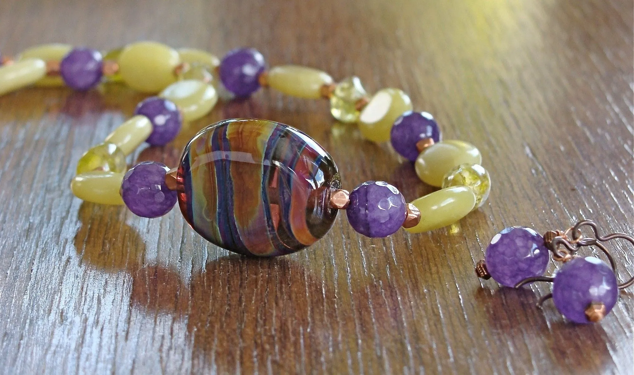 20" Purple and Lime Hand Blown Glass Bead Necklace Set