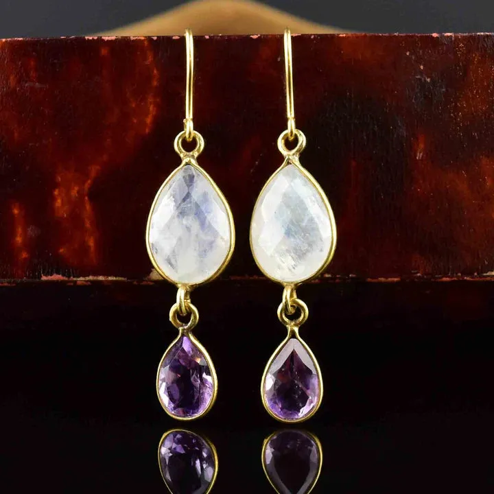 Amethyst And Rainbow Moonstone Two Stone  14k Gold Vermeil Earrings