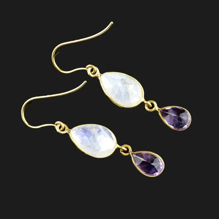 Amethyst And Rainbow Moonstone Two Stone  14k Gold Vermeil Earrings