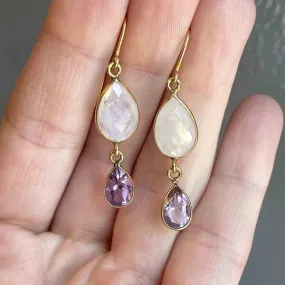 Amethyst And Rainbow Moonstone Two Stone  14k Gold Vermeil Earrings