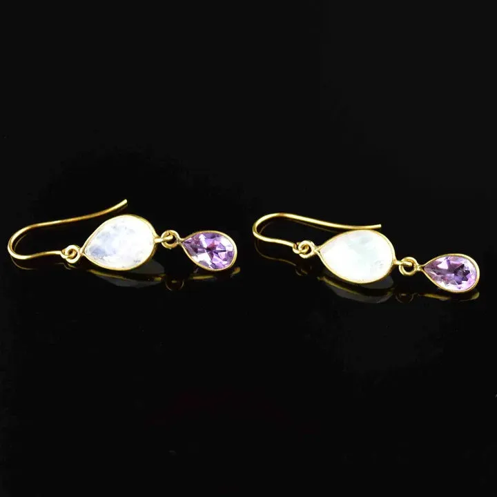 Amethyst And Rainbow Moonstone Two Stone  14k Gold Vermeil Earrings
