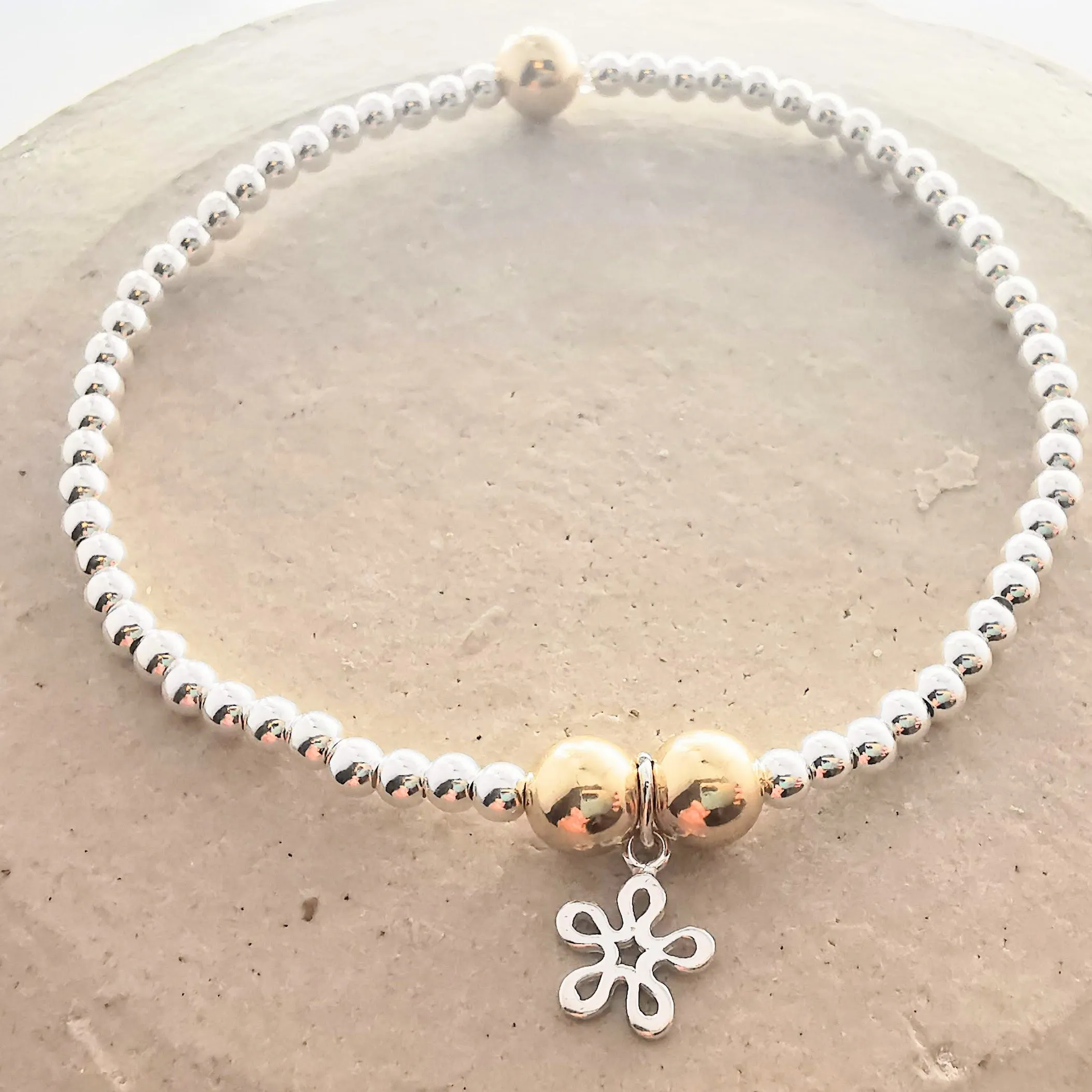 ANNIE Sterling Silver and Gold Bead Bracelet with Sterling Silver Flower