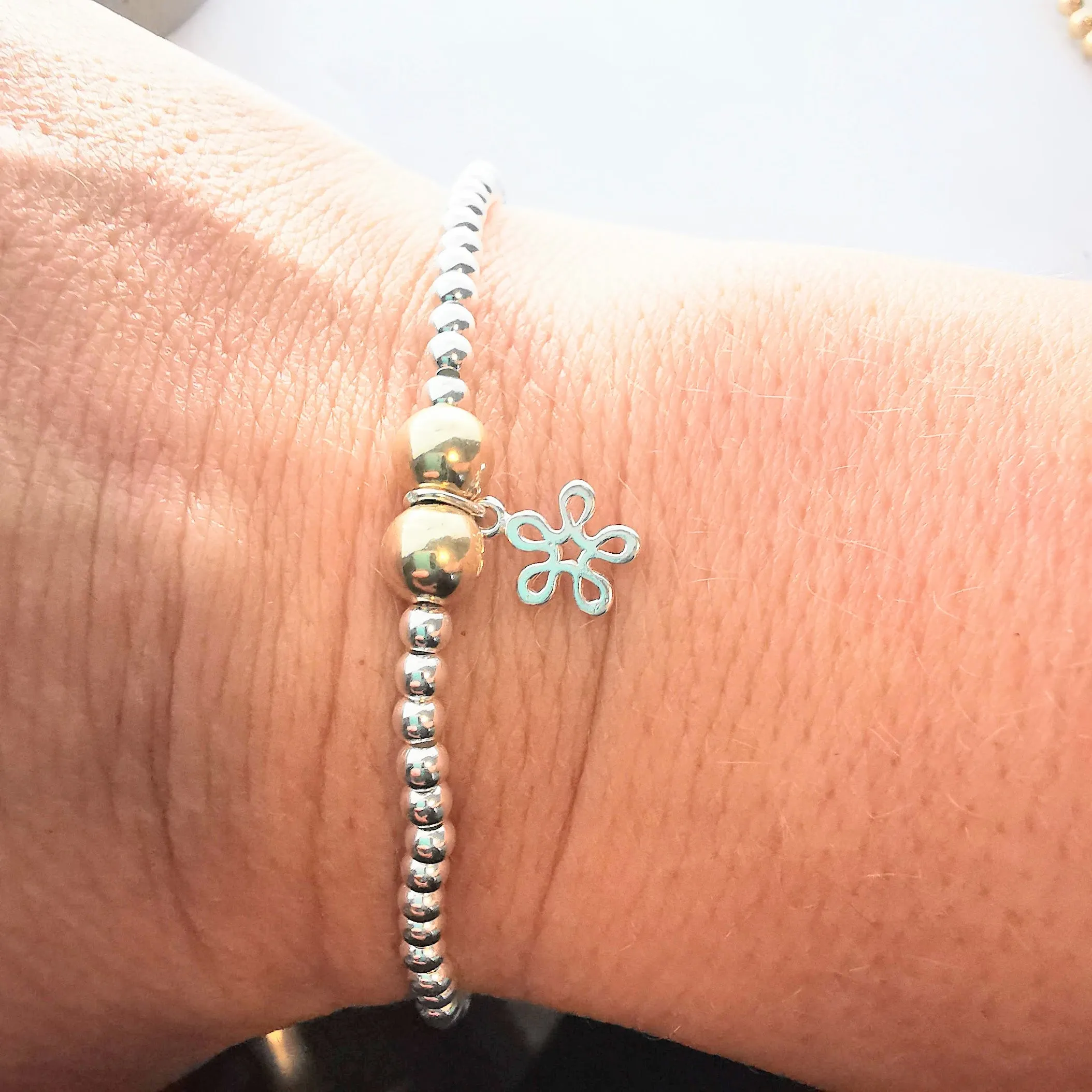 ANNIE Sterling Silver and Gold Bead Bracelet with Sterling Silver Flower