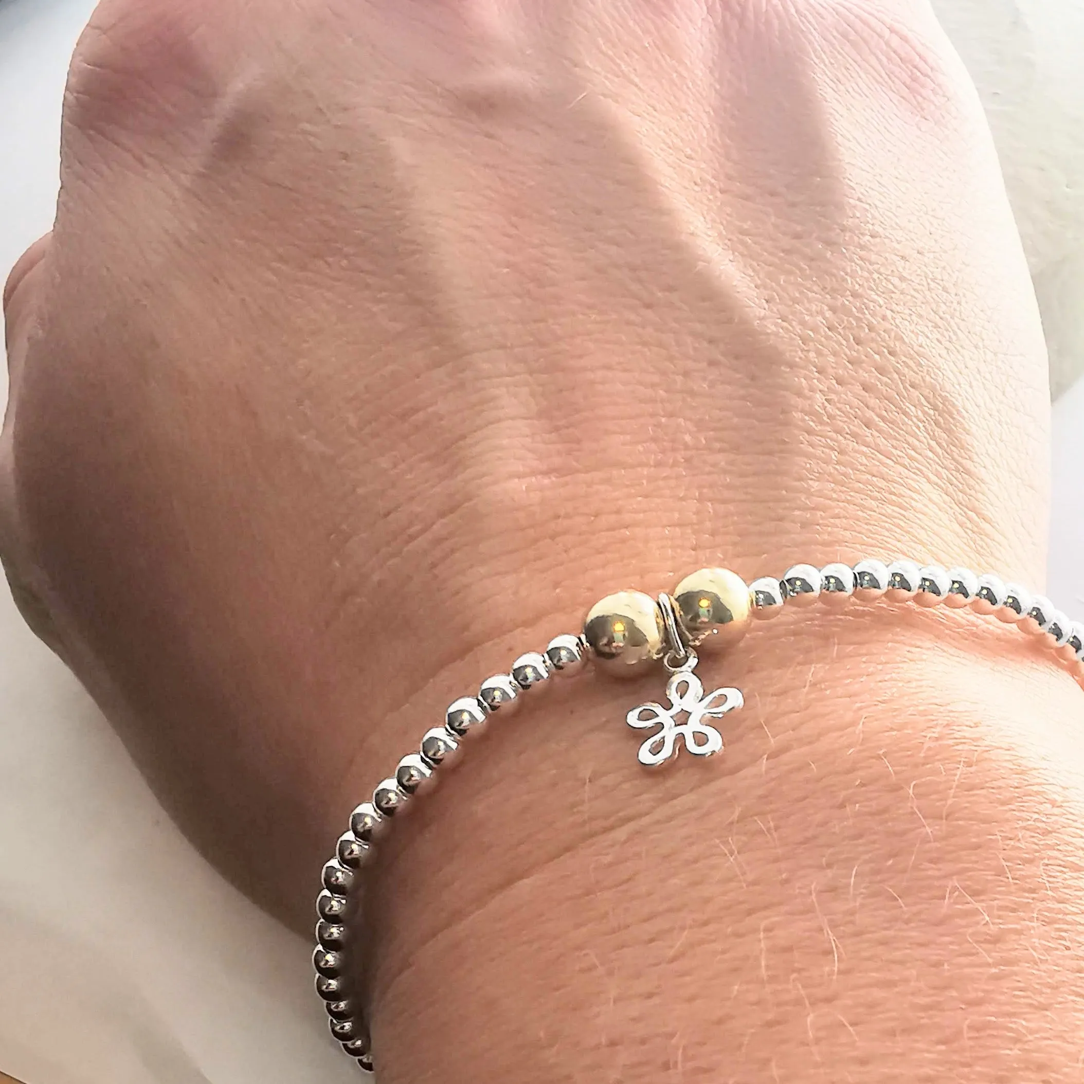 ANNIE Sterling Silver and Gold Bead Bracelet with Sterling Silver Flower