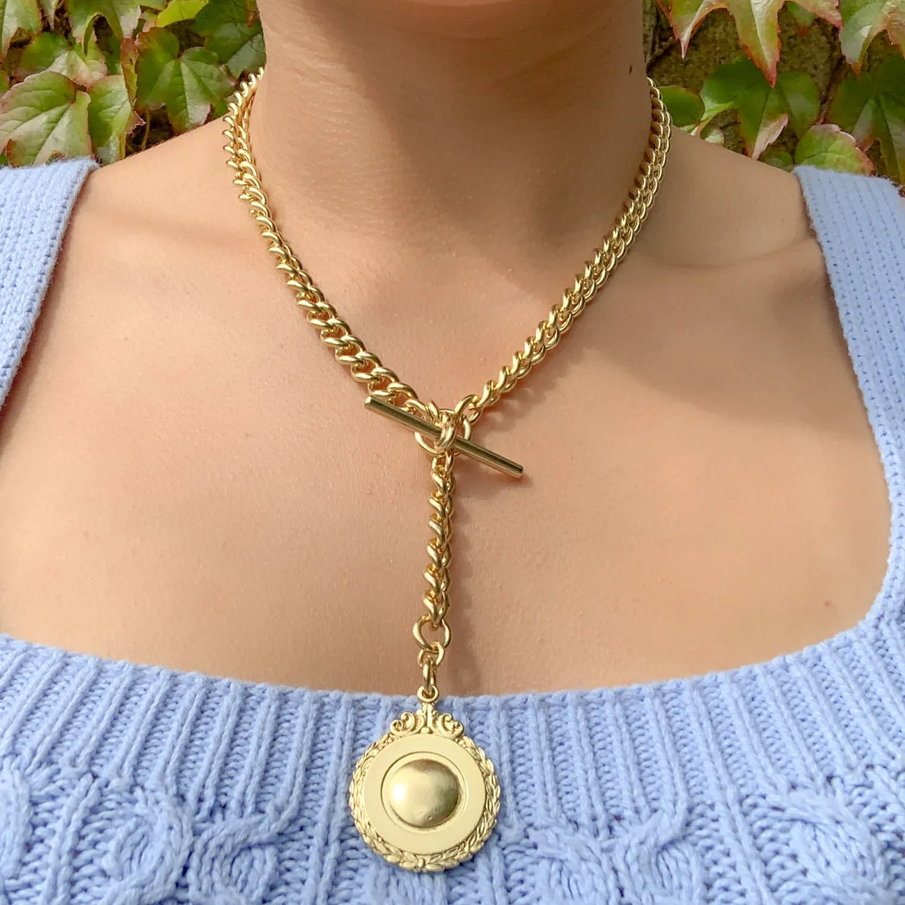 Antique Edwardian Albert Chain And Medallion Sterling Silver Gold Gilt Dated 1911