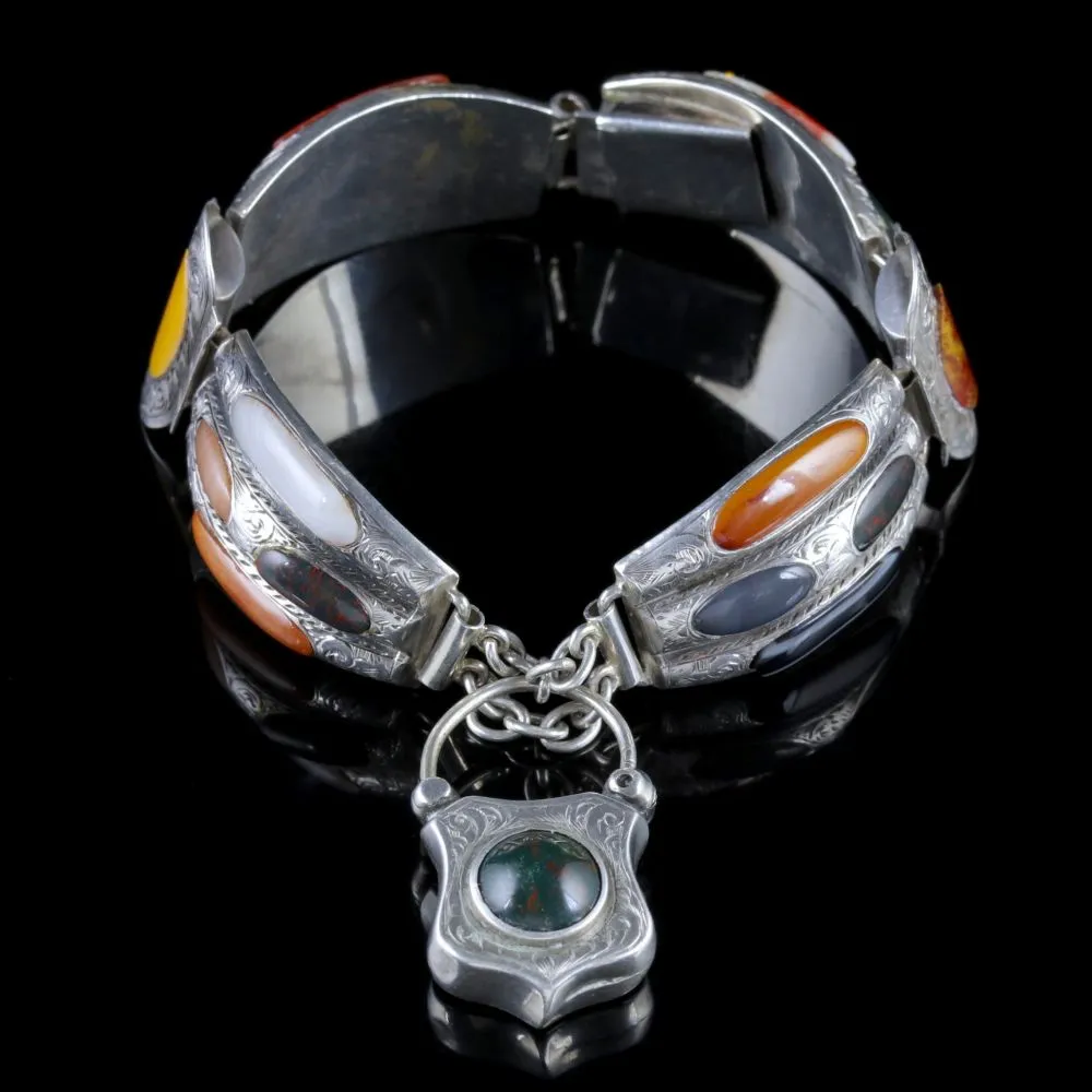 Antique Victorian Scottish Bracelet Agate Padlock Silver Circa 1860