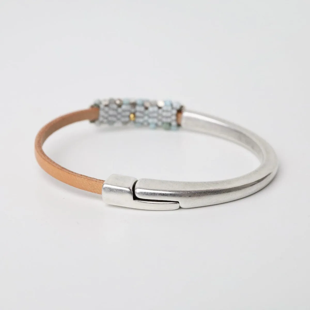 Aquamarine On Natural Leather and Half Silver Cuff Bracelet