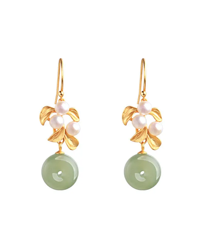 Art Green Sterling Silver Inlaid Jade Pearl Leaf Drop Earrings LY2308
