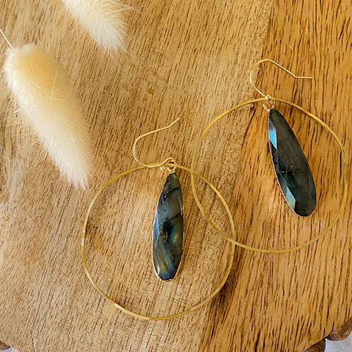 Artemis: Gemstone Tear Drop Hammered Hoop Earring