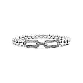 Ashley Gold Stainless Steel 2 CZ Encrusted Link Chain Stretch Beaded Bracelet