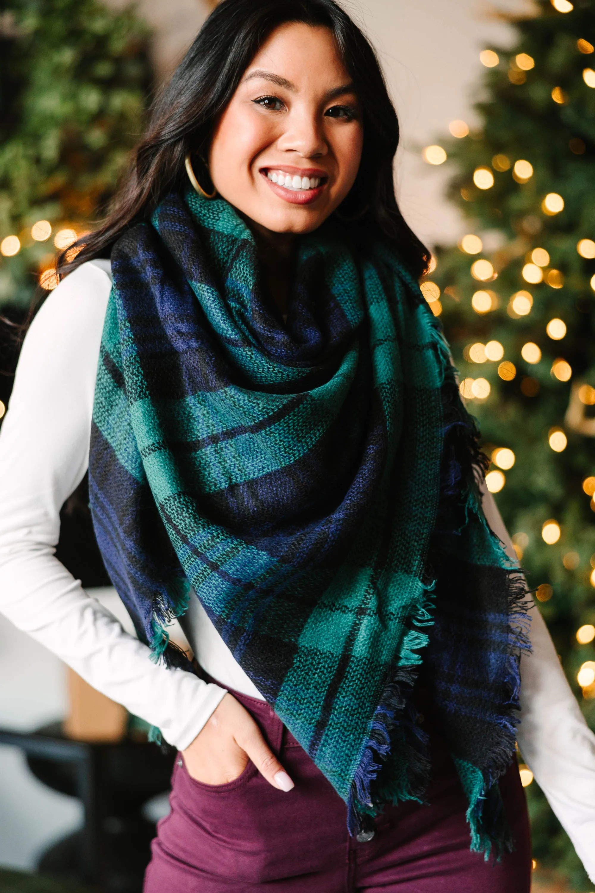 Autumn Air Green And Navy Plaid Blanket Scarf