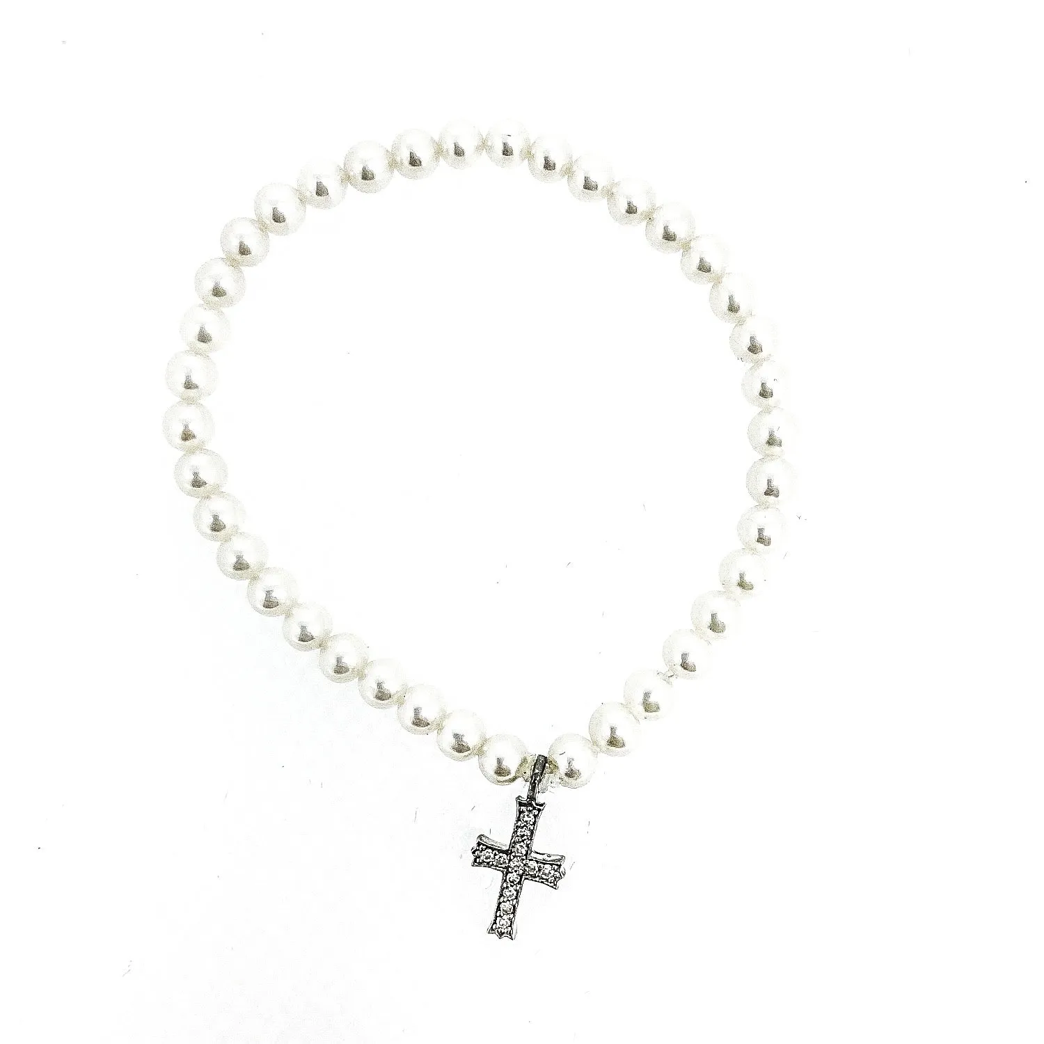 Beautiful pearl stretch bracelet with diamond cross charm