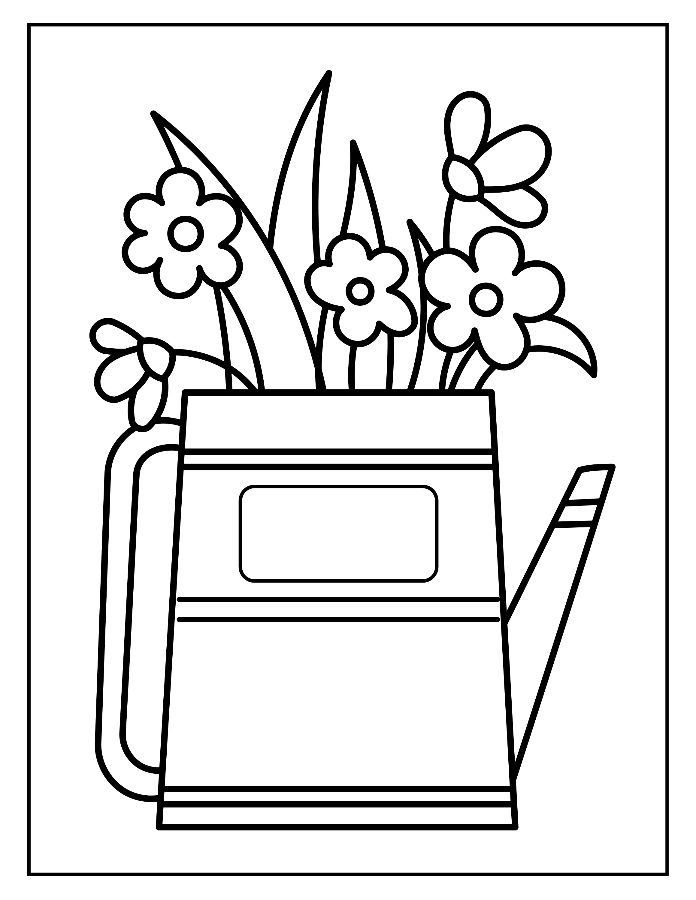 Blooming Buckets: Printable Stress-Relief Coloring Pages Featuring Flower-Filled Watering Buckets