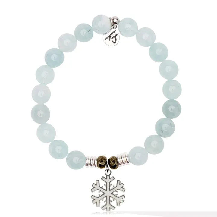 Blue Aquamarine Gemstone Bracelet with Snowflake Opal Sterling Silver Charm