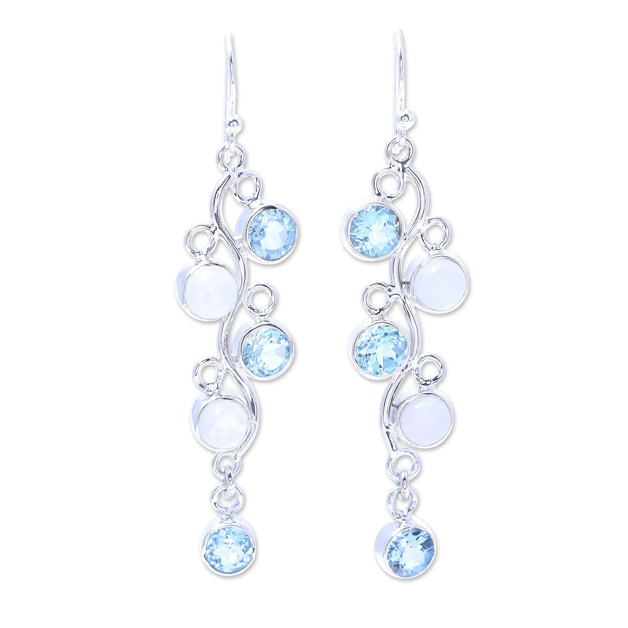 Blue Topaz and Rainbow Moonstone Earrings from India - Morning Climber | NOVICA