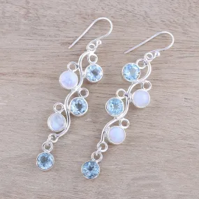 Blue Topaz and Rainbow Moonstone Earrings from India - Morning Climber | NOVICA