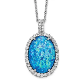 Cheryl M Sterling Silver Blue Oval Opal & CZ Halo Pendant Necklace