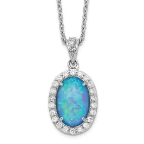 Cheryl M Sterling Silver Blue Oval Opal & CZ Pendant Necklace