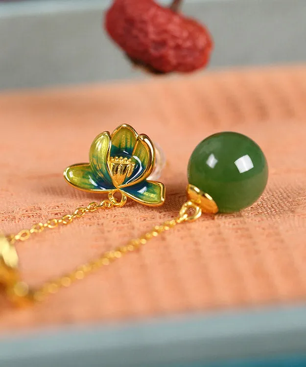 Chic Green Sterling Silver Jade Enamel Lotus Tassel Drop Earrings LY2212