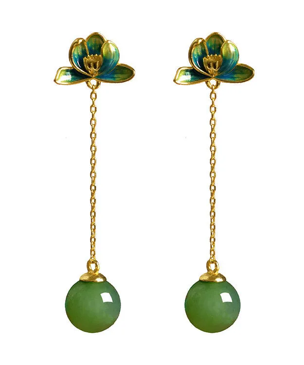 Chic Green Sterling Silver Jade Enamel Lotus Tassel Drop Earrings LY2212