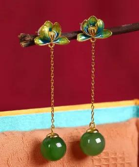 Chic Green Sterling Silver Jade Enamel Lotus Tassel Drop Earrings LY2212