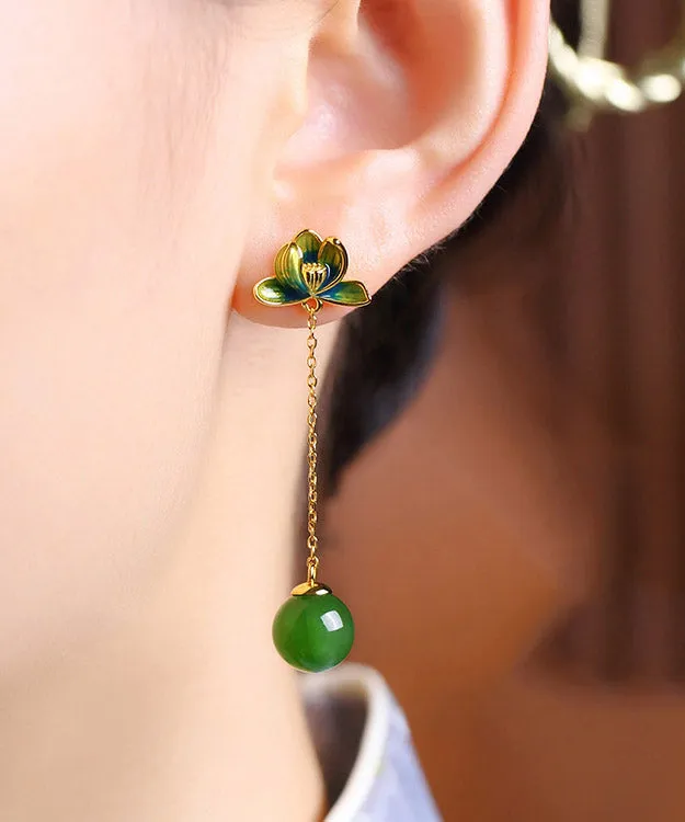 Chic Green Sterling Silver Jade Enamel Lotus Tassel Drop Earrings LY2212