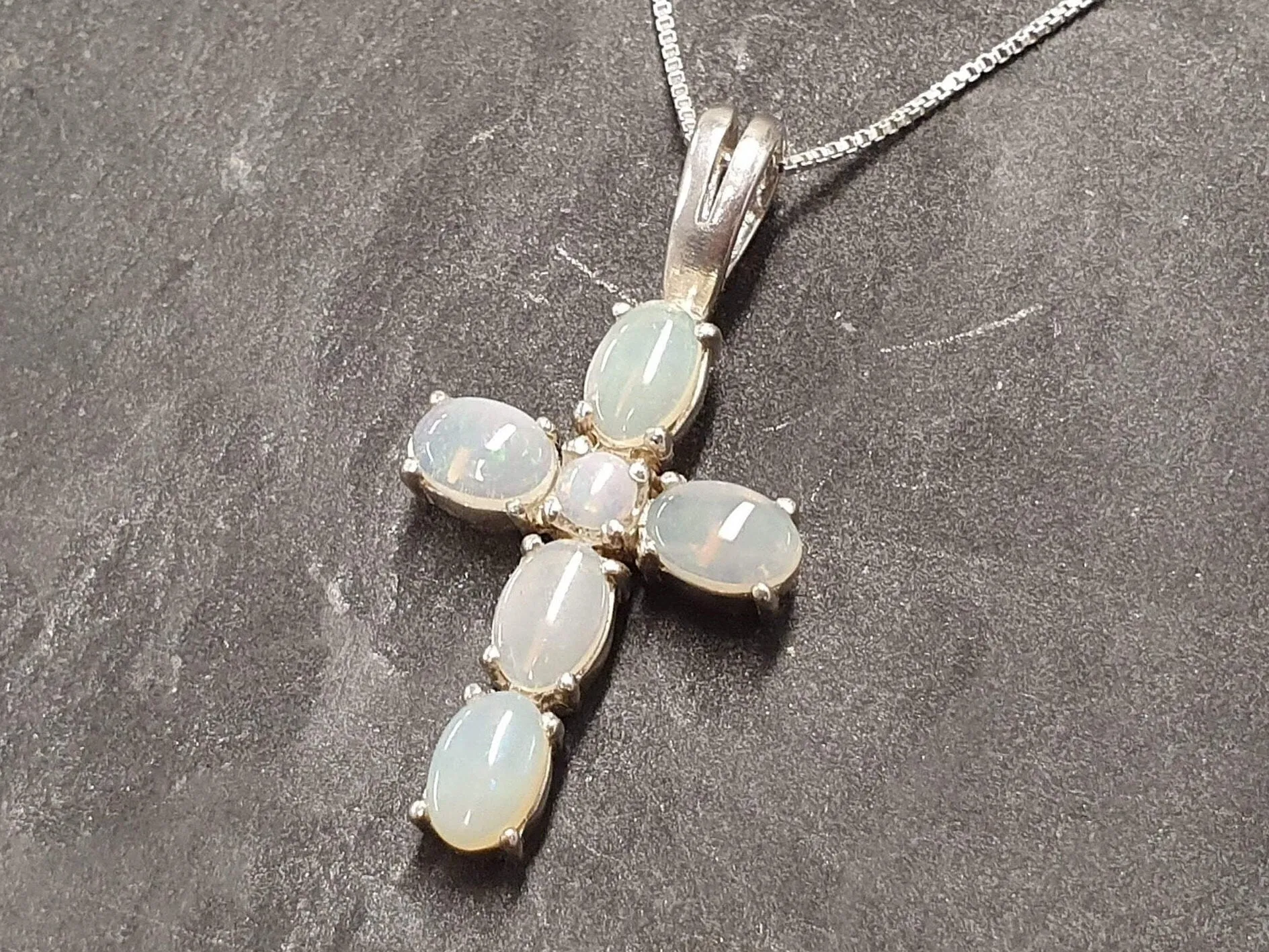 Cross Opal Pendant - Australian Opal Necklace - White Cross Statement Necklace