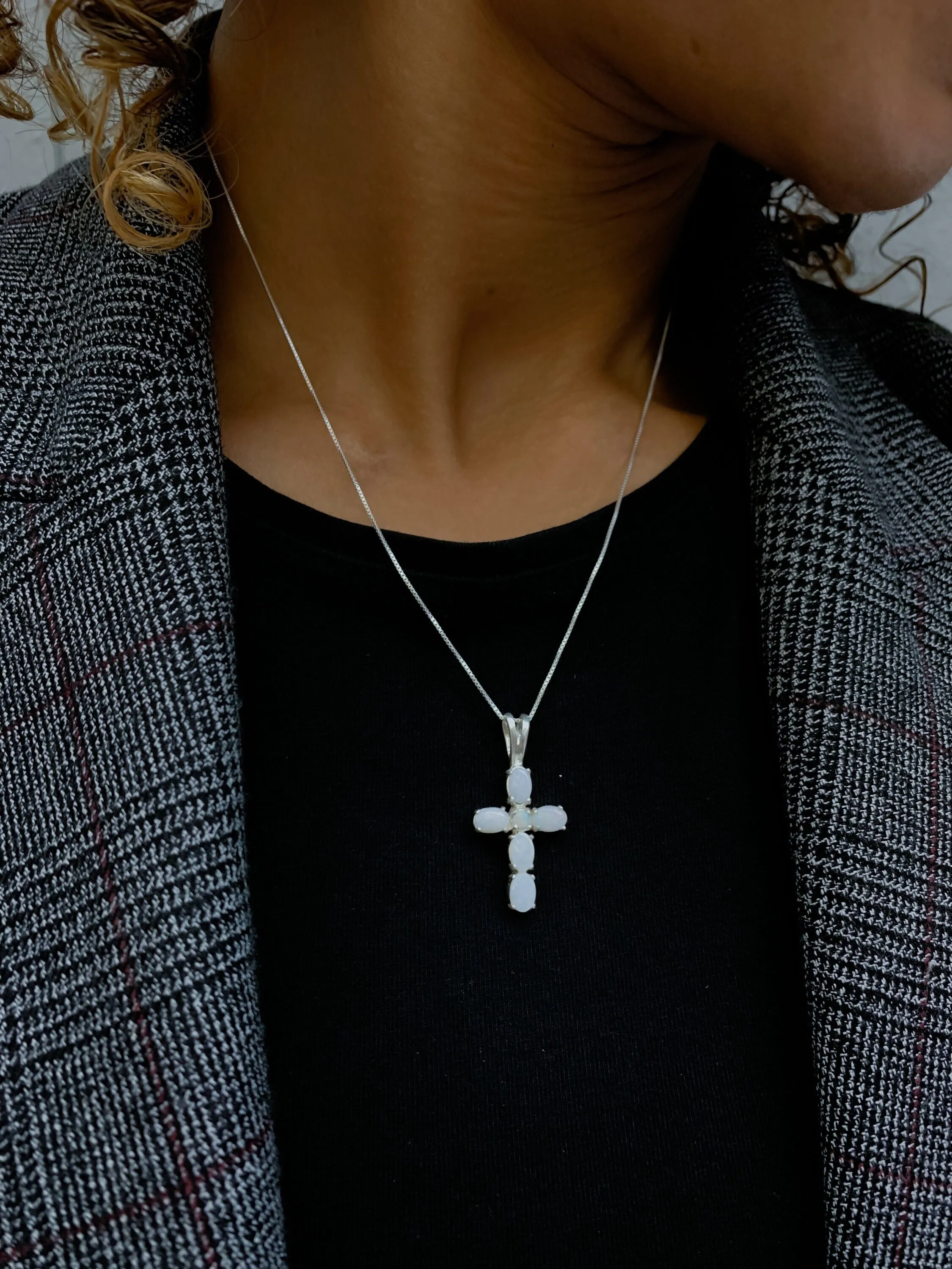 Cross Opal Pendant - Australian Opal Necklace - White Cross Statement Necklace