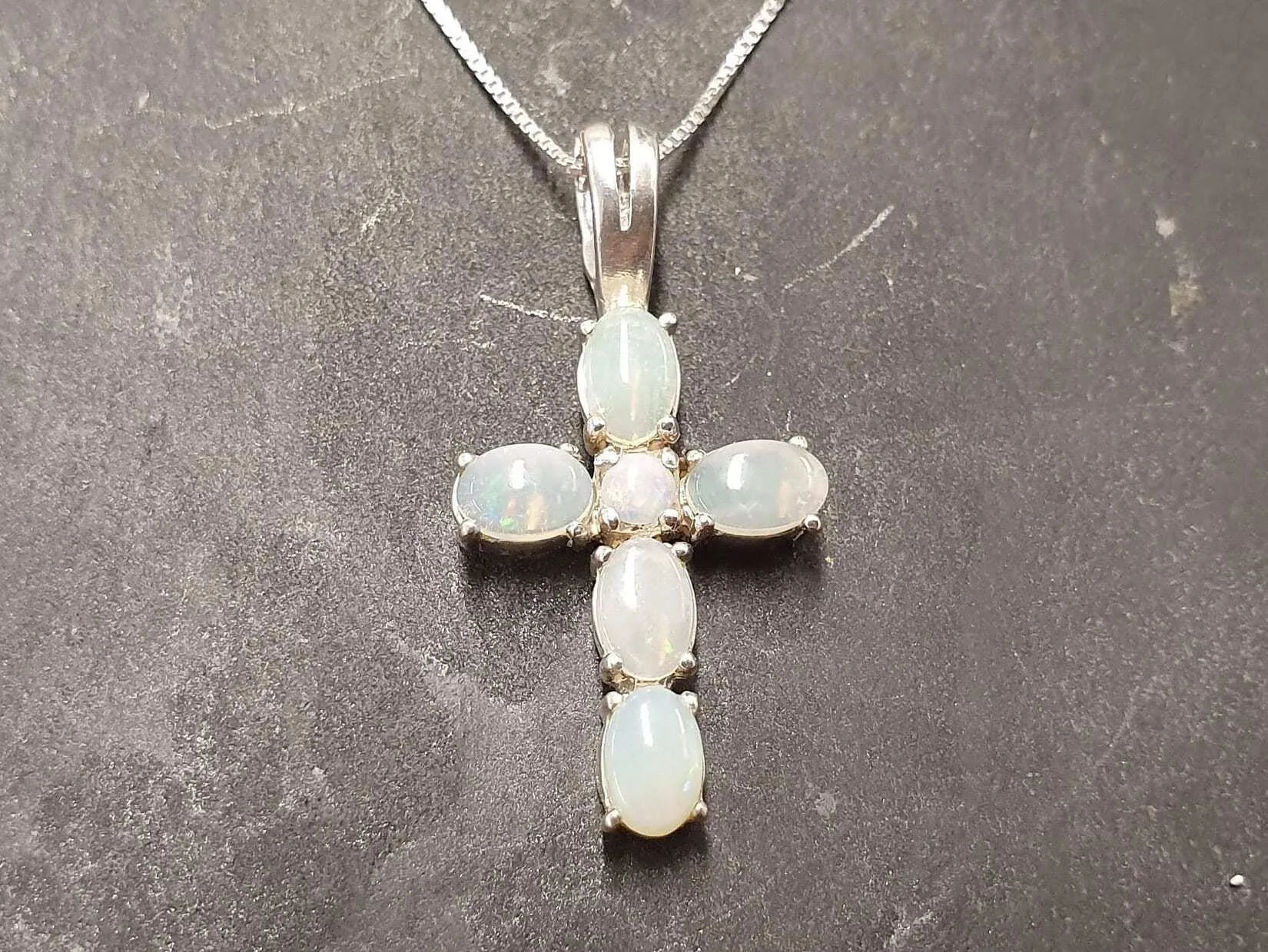 Cross Opal Pendant - Australian Opal Necklace - White Cross Statement Necklace
