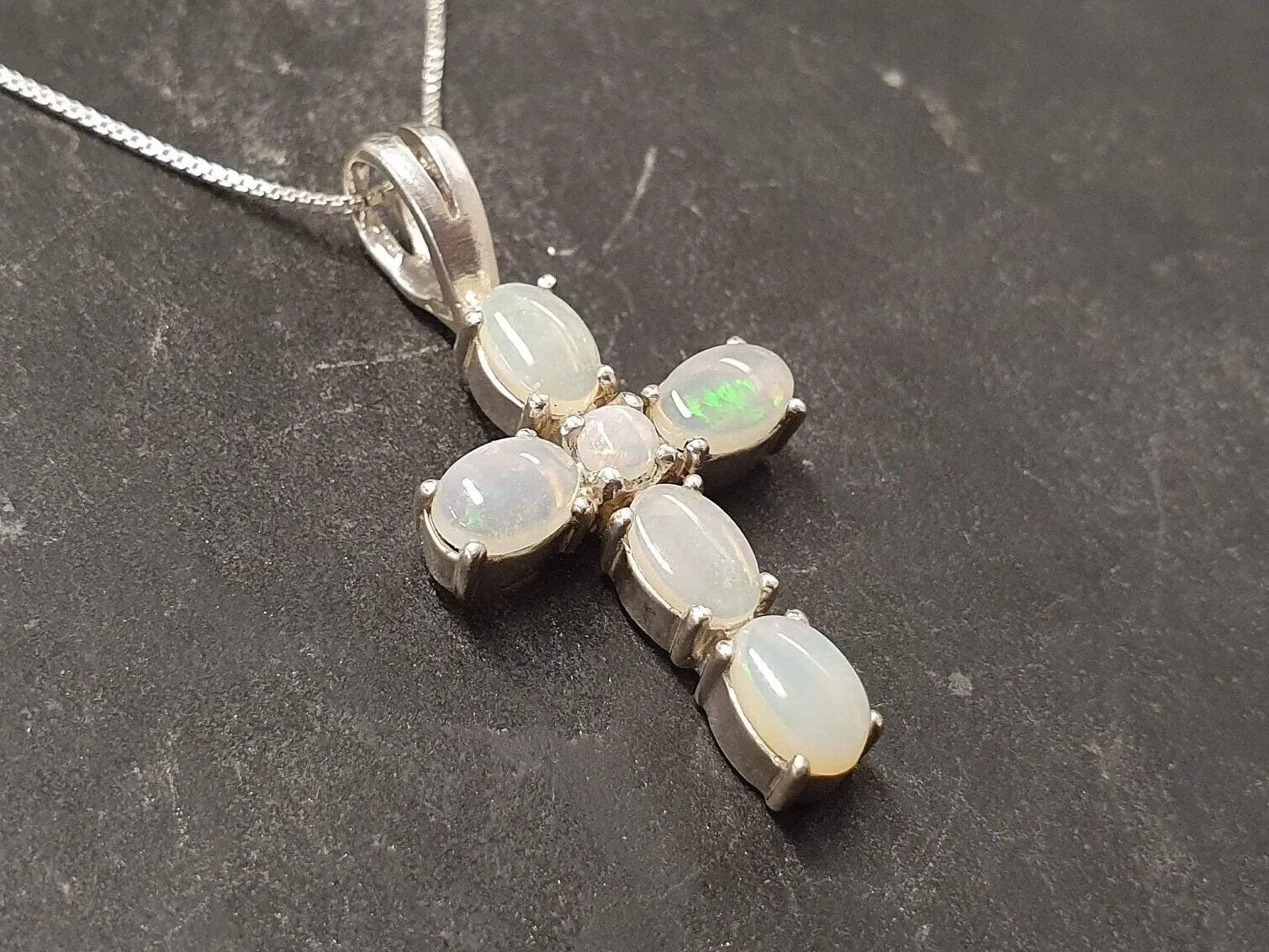 Cross Opal Pendant - Australian Opal Necklace - White Cross Statement Necklace