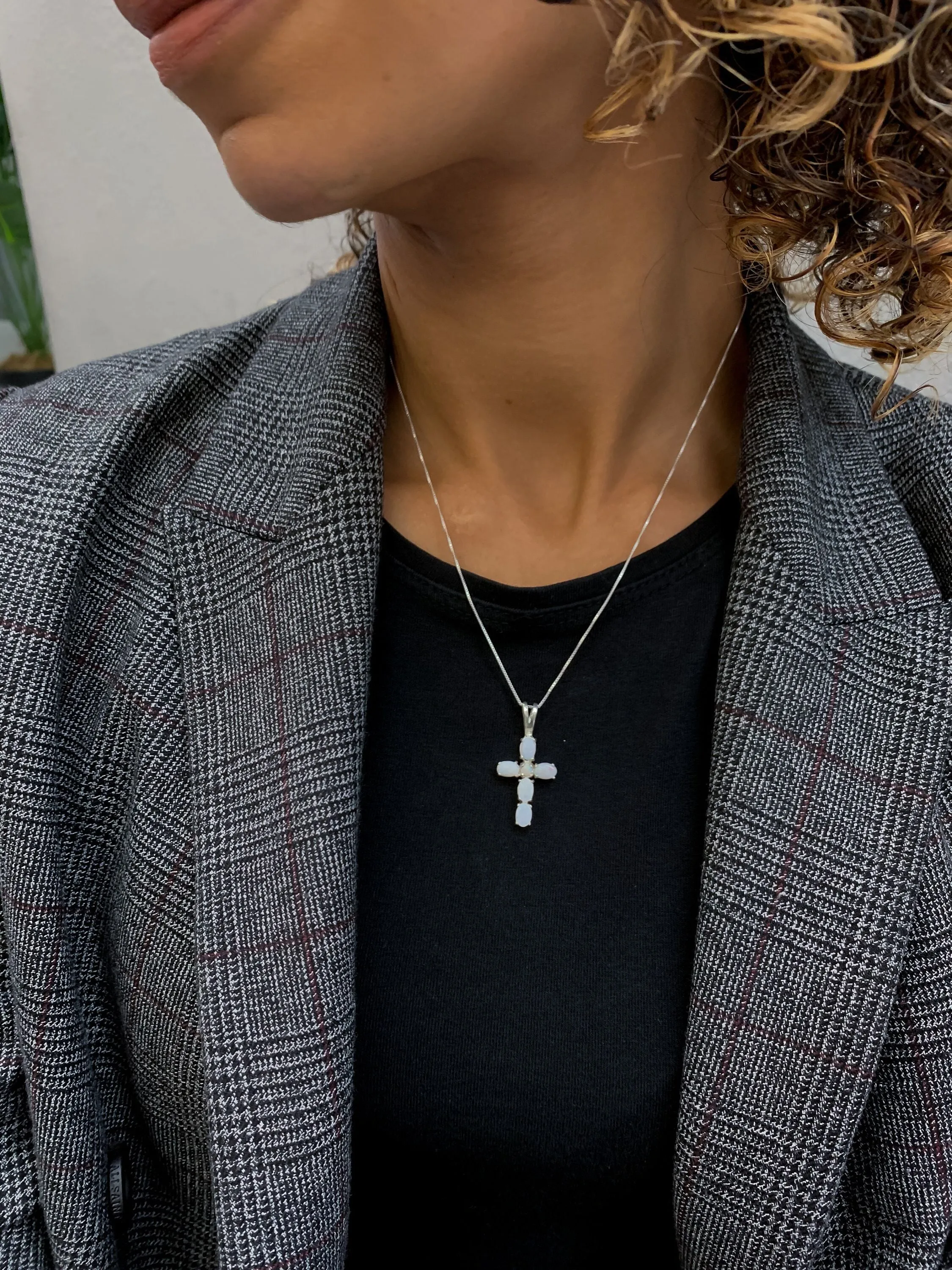 Cross Opal Pendant - Australian Opal Necklace - White Cross Statement Necklace