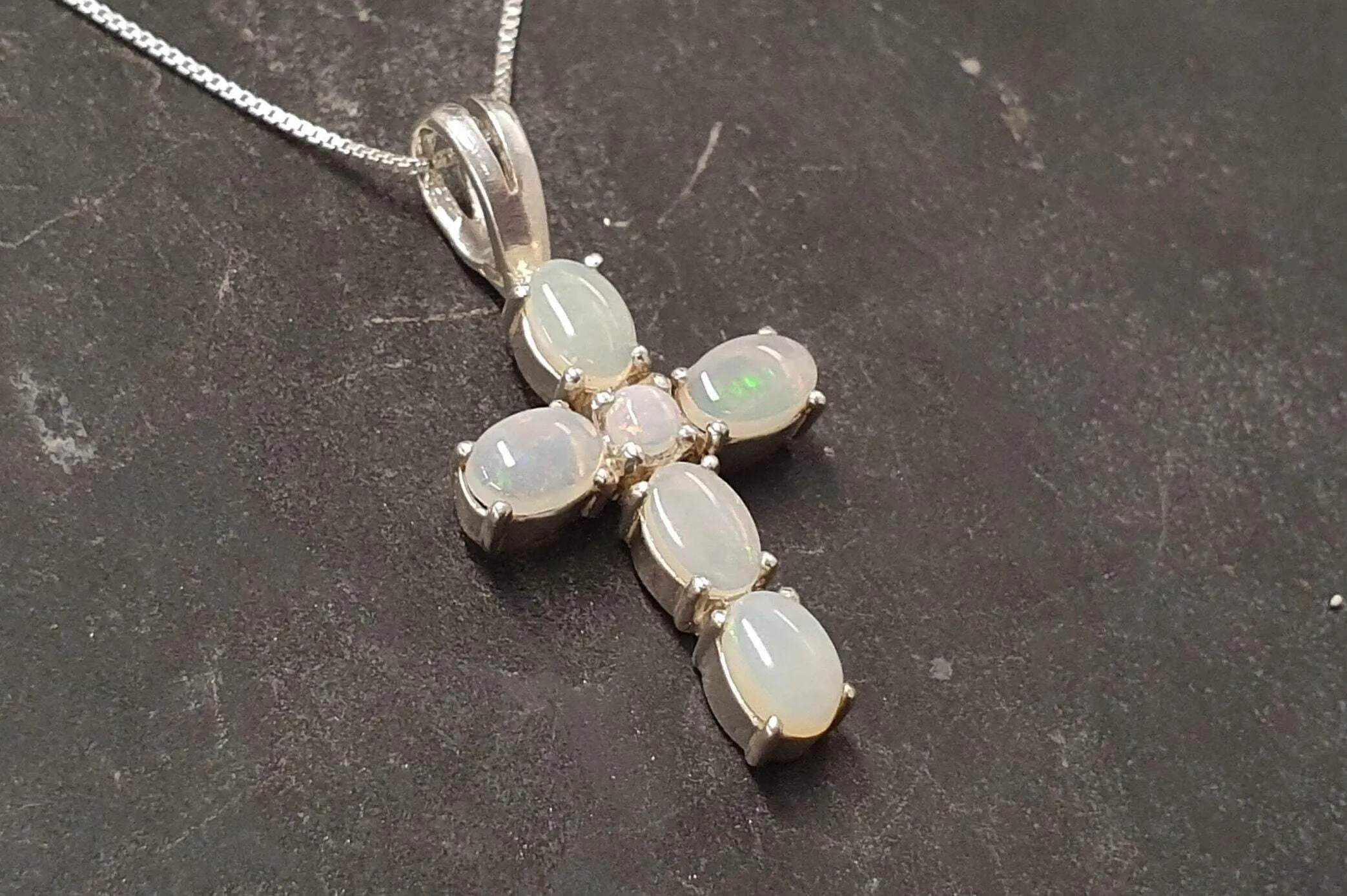 Cross Opal Pendant - Australian Opal Necklace - White Cross Statement Necklace