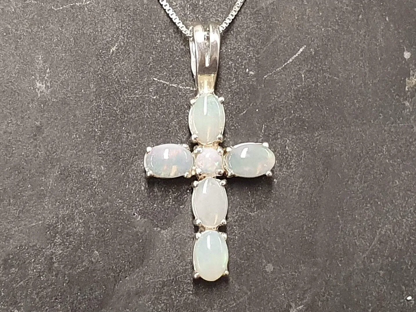 Cross Opal Pendant - Australian Opal Necklace - White Cross Statement Necklace
