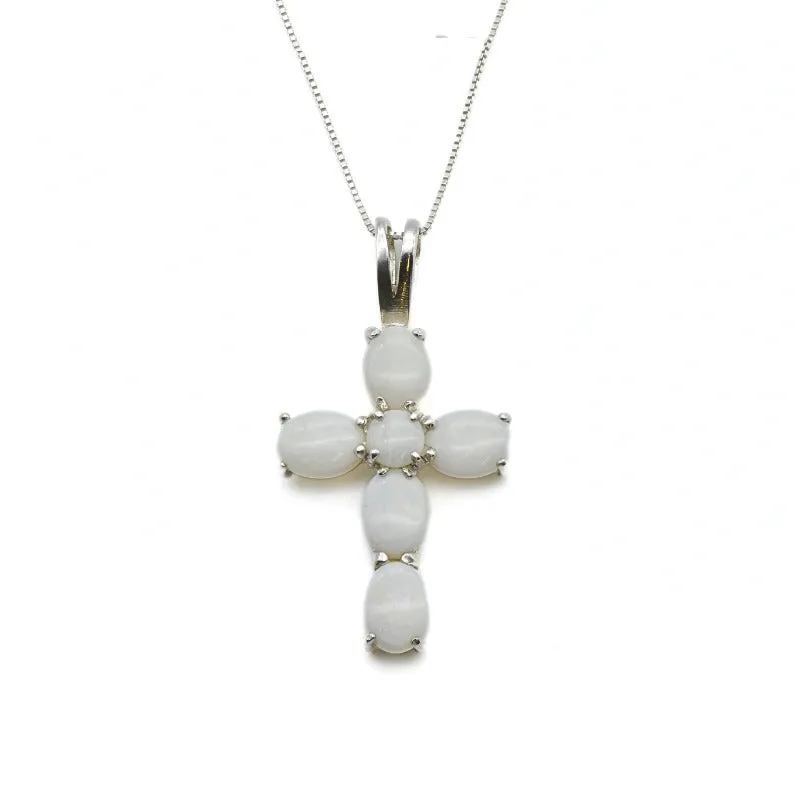 Cross Opal Pendant - Australian Opal Necklace - White Cross Statement Necklace