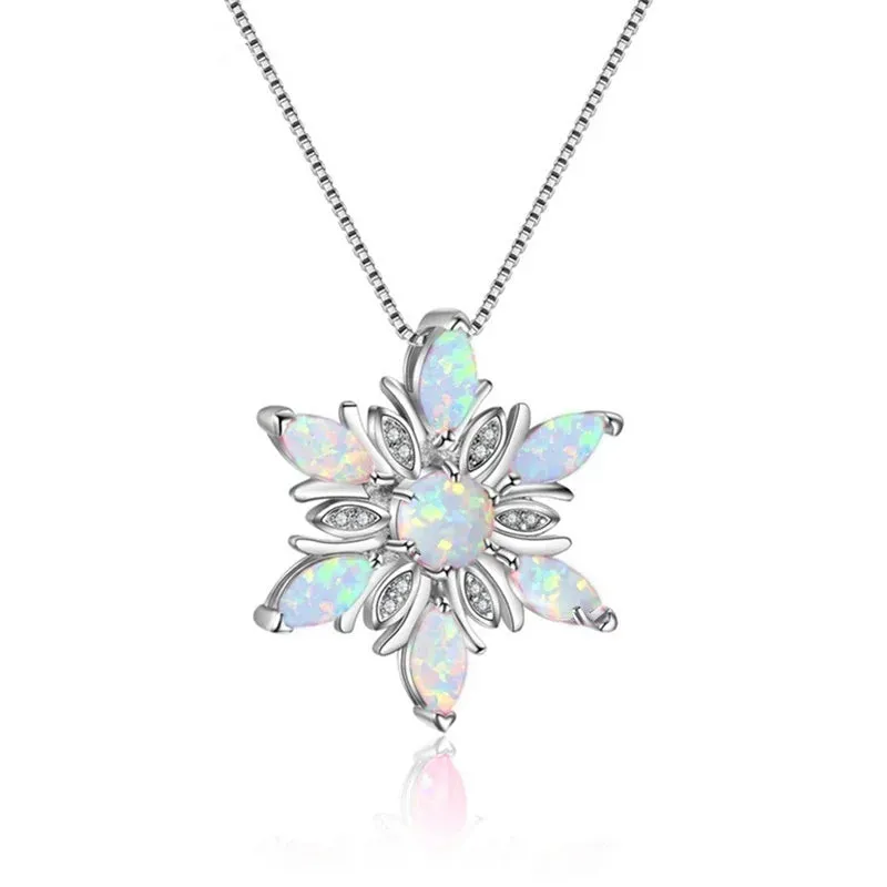 Elegant Snowflake Imitation Fire Opal Pendant Necklace
