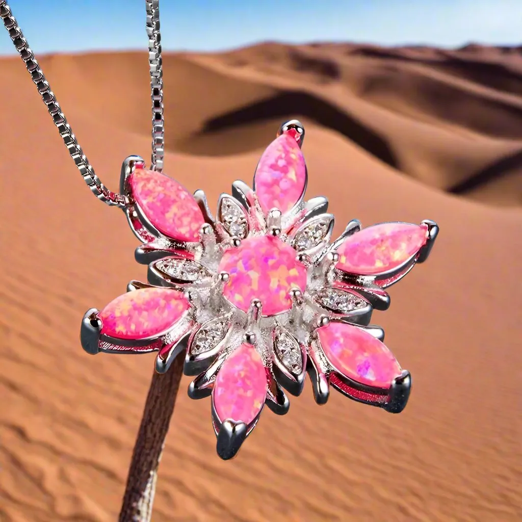 Elegant Snowflake Imitation Fire Opal Pendant Necklace