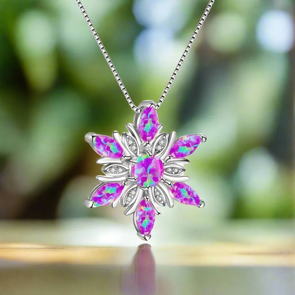 Elegant Snowflake Imitation Fire Opal Pendant Necklace
