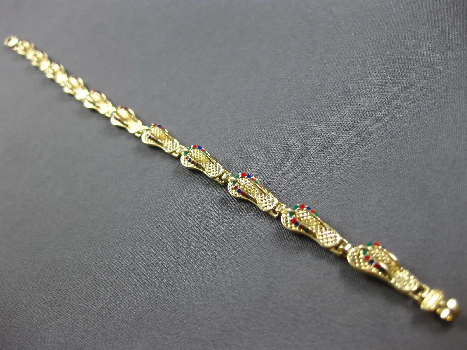 ESTATE MULTI COLOR ENAMEL 14K YELLOW GOLD 3D CLASSIC SLIPPER FUN BRACELET #27917