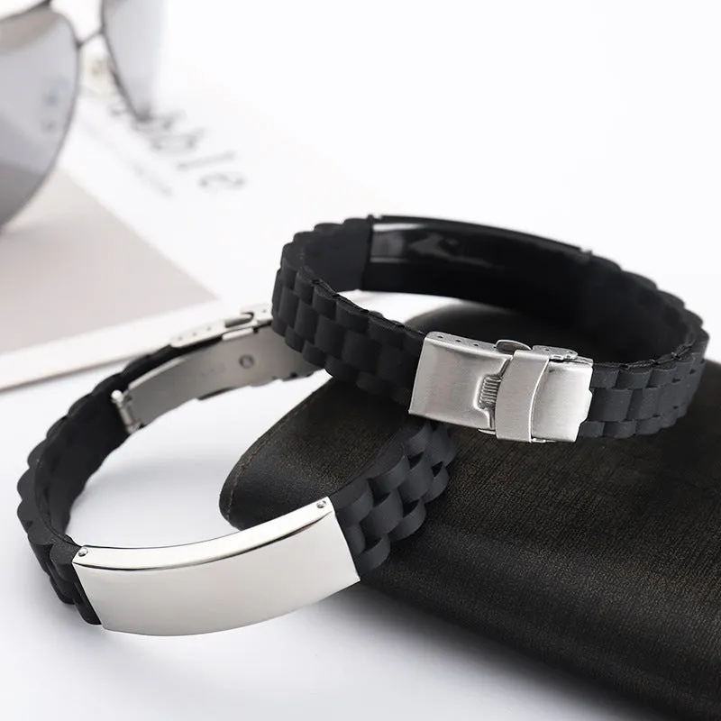 European And American Popular Trendy Jewelry Silicone Sports Men Simple Laser Sculpture Stainless Steel Bracelet