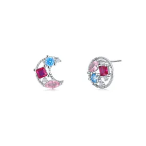 Exquisite Japanese Sterling Silver Zircon and Moonstone Stud Earrings for Women