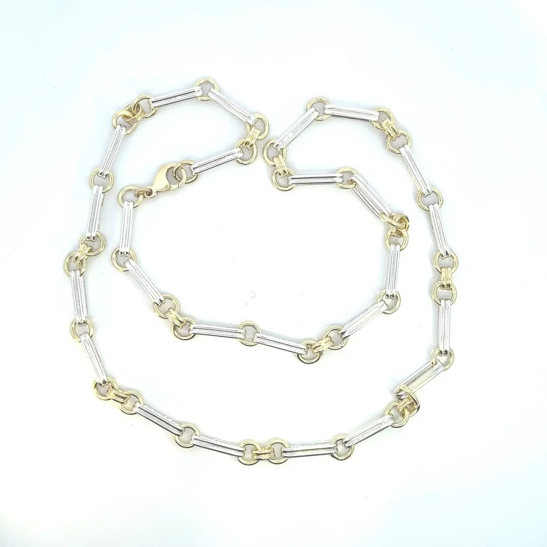Exquisite Yellow & White Gold Double Pin and Round Link Chain
