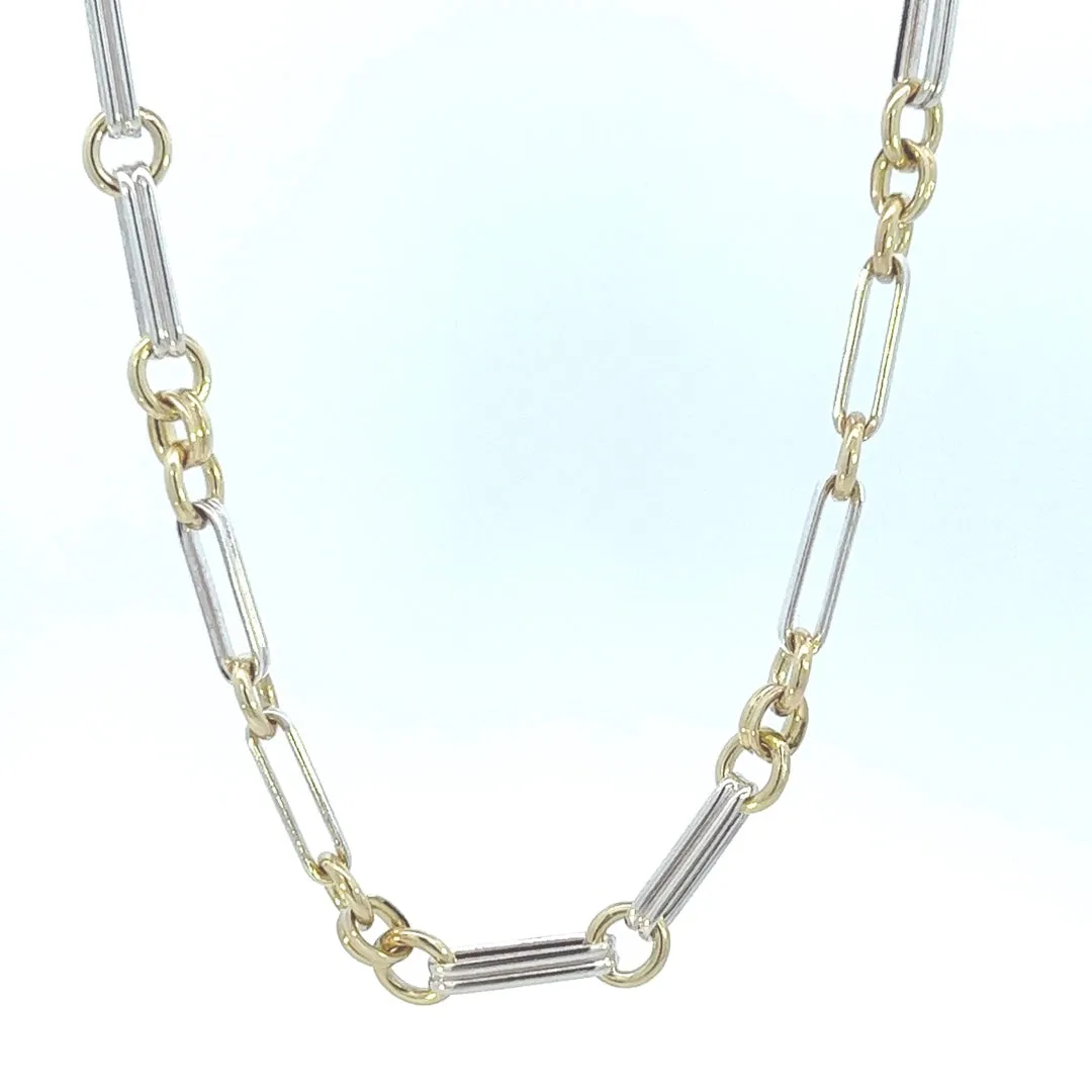 Exquisite Yellow & White Gold Double Pin and Round Link Chain