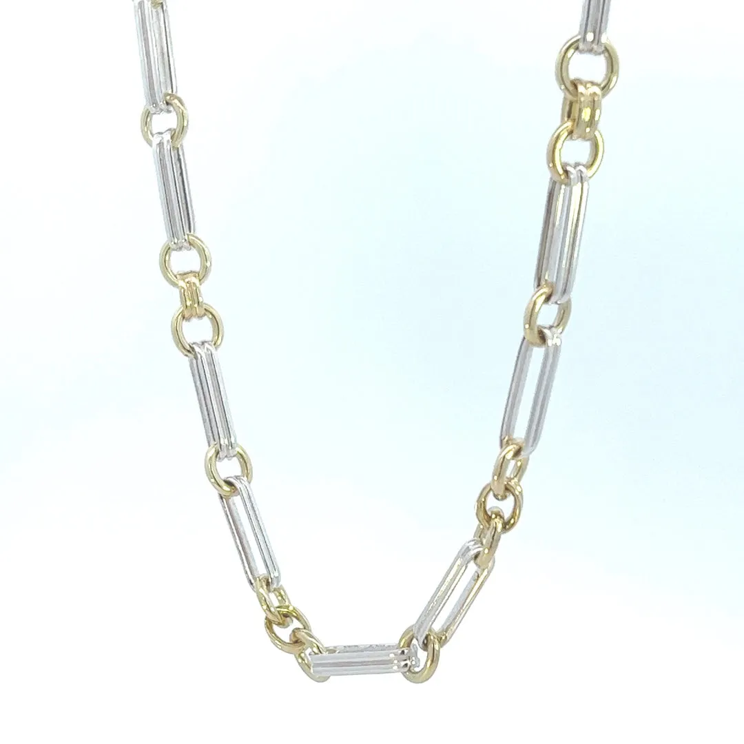 Exquisite Yellow & White Gold Double Pin and Round Link Chain